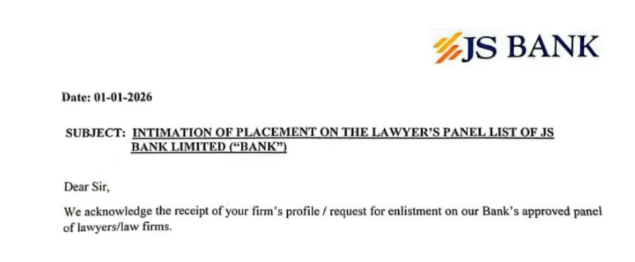 JS Bank letter confirming placement on its lawyers' panel